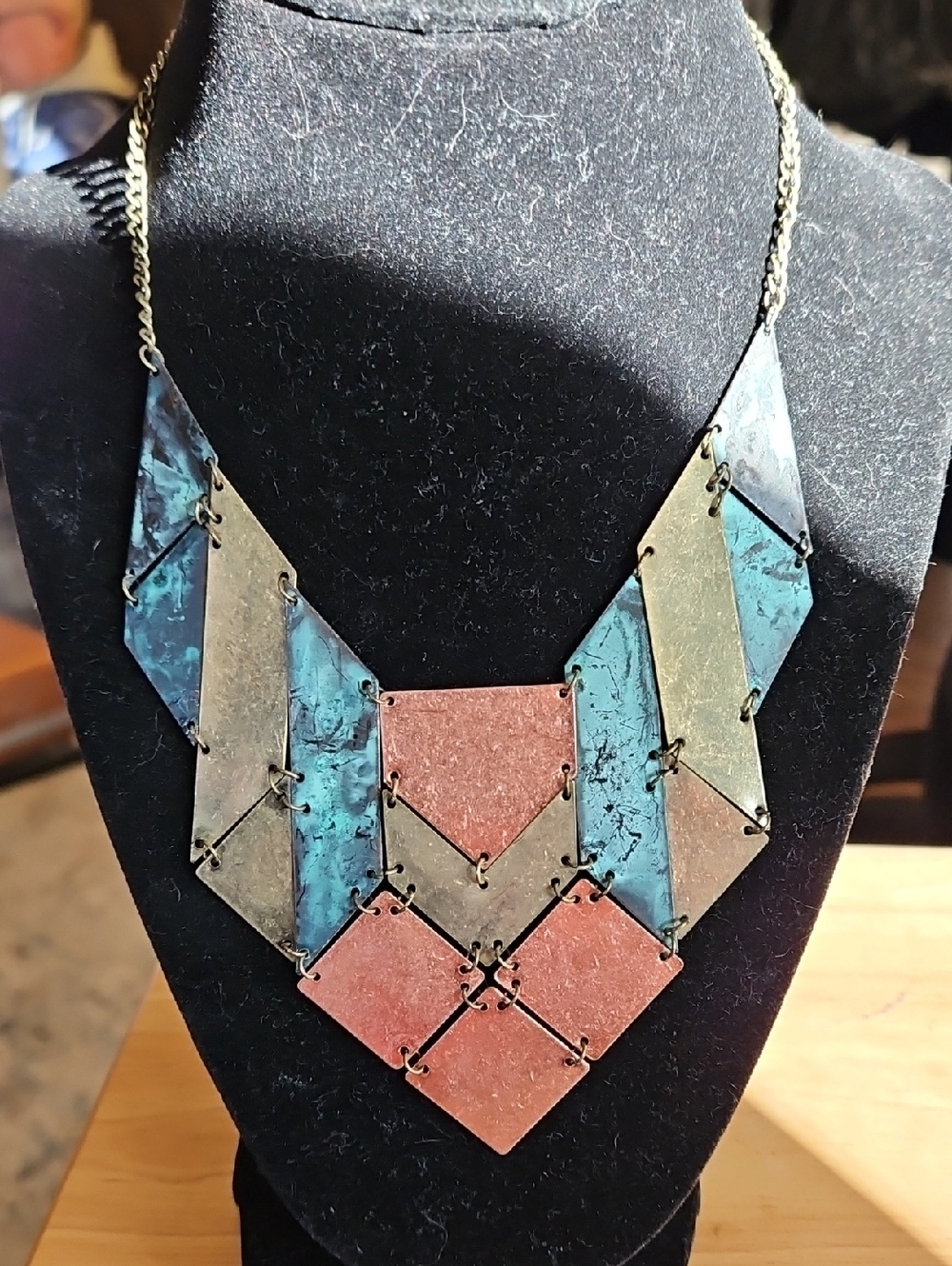 Geometric Statement Necklace in Turquoise, Gold & Copper Metal Plates